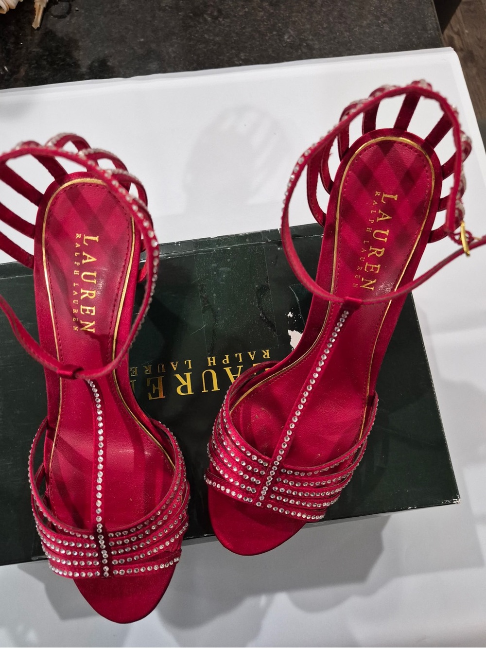 Ralph Lauren Red Rhinestone Strappy High Heels